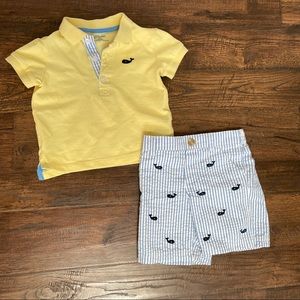 Little Me two piece short & polo seersucker whale Sz 12M Blue Yellow stripes